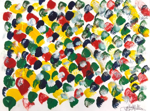 An all-over pattern in black, green, red, yellow, and white on a white ground.
