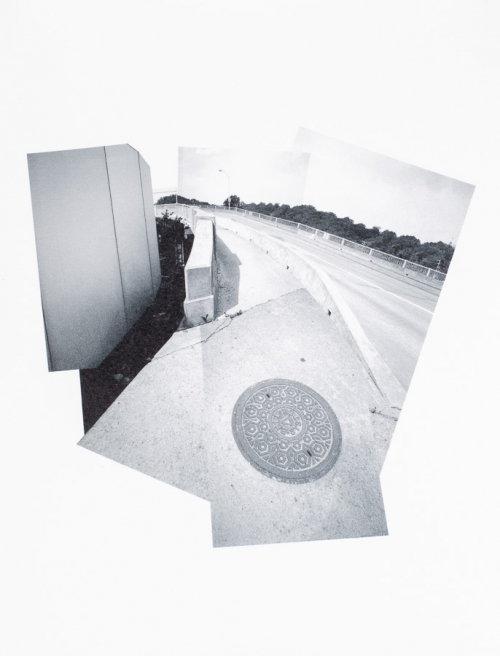 A photo-collage of a curving road and a manhole cover (lower center) as the focal point.