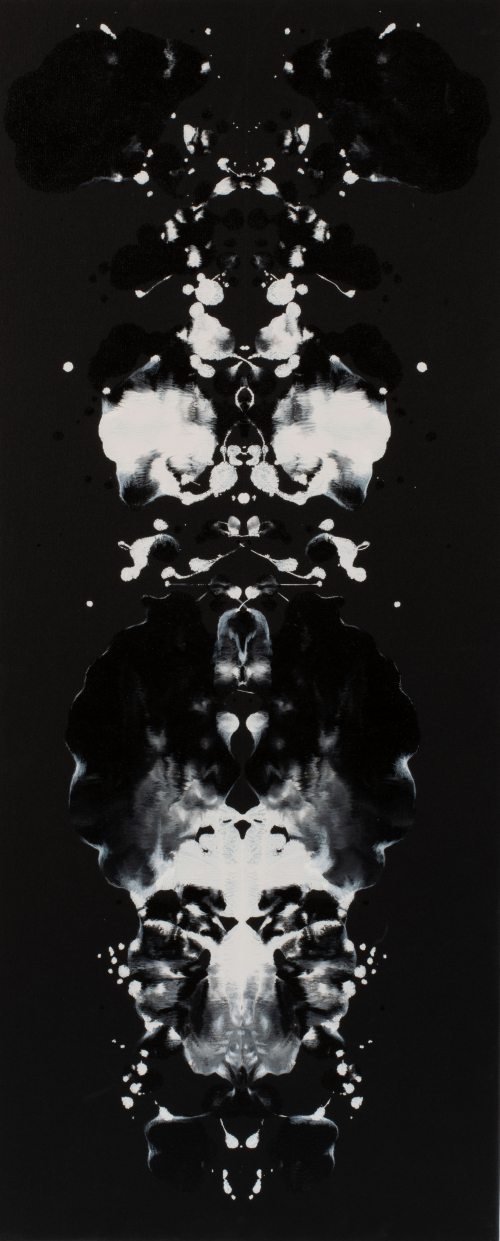 Panel 1. A triptych, white on black, with numerous vertical Rorschach-like impressions on each panel