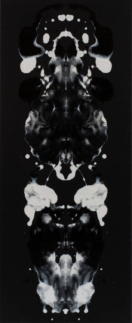 Panel 2. A triptych, white on black, with numerous vertical Rorschach-like impressions on each panel
