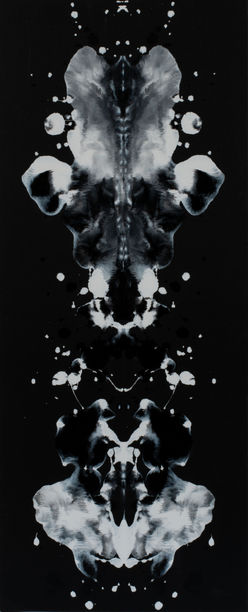 Panel 3. A triptych, white on black, with numerous vertical Rorschach-like impressions on each panel