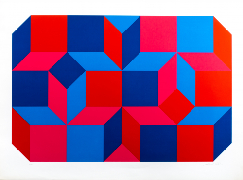 Block style print in light and dark blue, red, and pale red. Cubes set together with opposing colors to create random 3-D effect