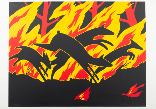 red, yellow, and black depicting a forest fire in the background while in the midground four deer are depicted jumping away fire