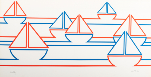 A simple design of boats is depicted across the paper using straight red or blue lines.  