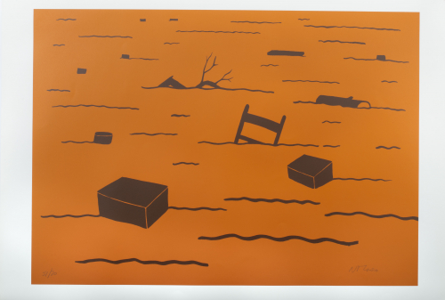 Orange background black wavy lines look like water current. Several items appear to be floating: a tree, chair, boxes, and logs 