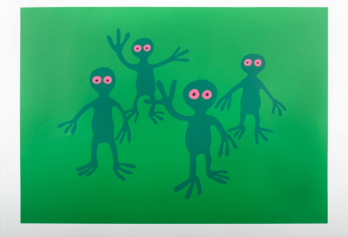Four green figures are depicted at various depths in a light green background.  All have pink eyes and the two have hand raised 
