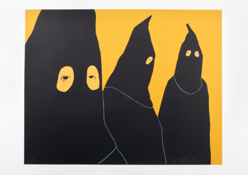 Three men clothed and hooded in black.  The closest hooded figure takes up most of the left side