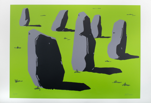 Bright green grass with black accent, six large grey standing stones arranged. 