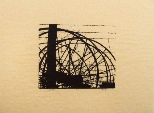 Black, silhouette print of what looks like part of a barbed wire fence on cream paper