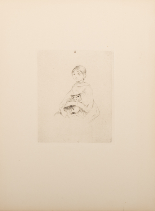 Fine lined depiction of girl seated, holding cat in her lap; two dark spots at center top and bottom
