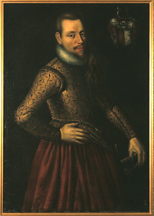 Portrait of a gentleman, with a ruff, an embroidered waistcoat, pantaloons, holding a sword