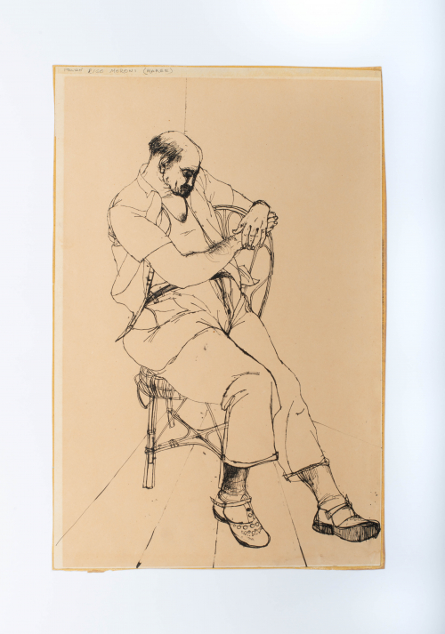 A contour drawing of a seated male figure with head bowed, arms encircling the back of a chair, and sandled feet thrust forward.