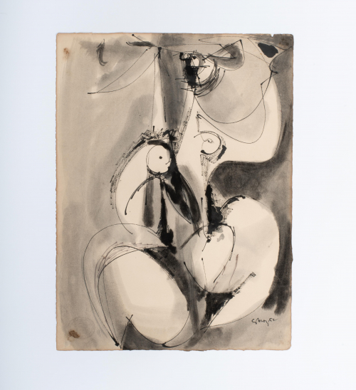 An abstracted nude female figure depicted through brushy grey and black half circles.