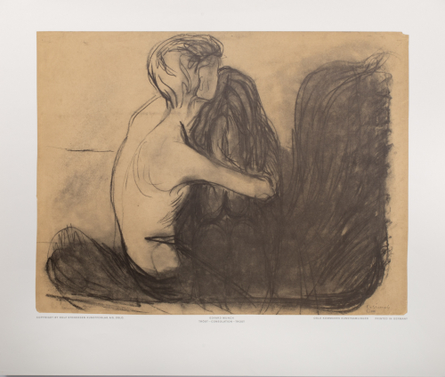 back/side of a contour-drawn nude figure embracing a very darkly drawn nude female figure faces the viewer, hands cover her face