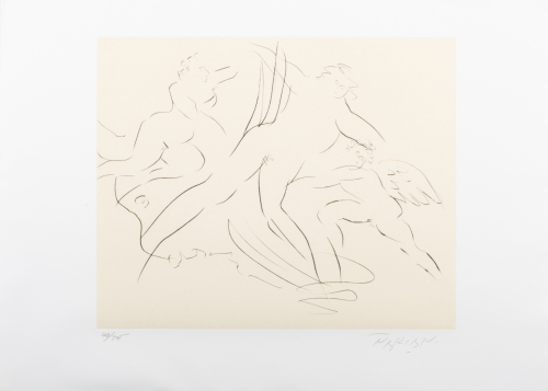 Gestural drawing of three nude figures looking downward.  One on the right has wings that are visible