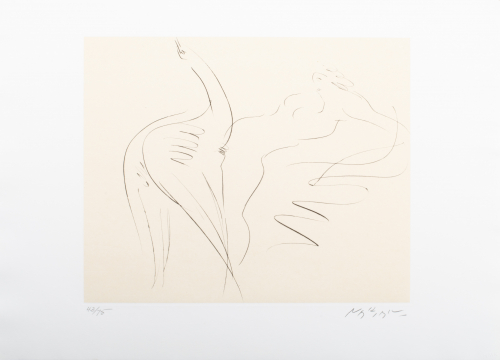 Thin line depiction of a swan with its head tilted back, wings down with a nude woman leaning back in a side stance facing bird
