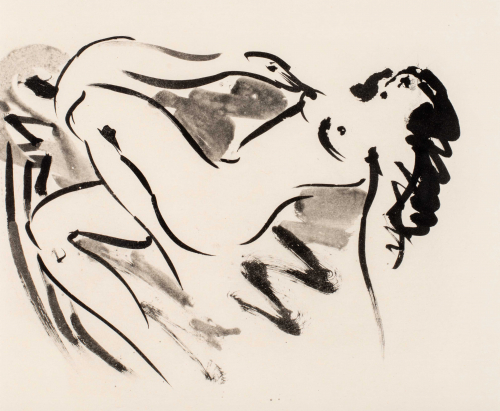 Gestural image of a nude woman reclining and head of a swan by her breast