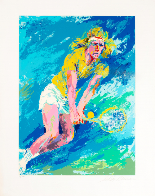 tennis player (Bjorn) setting up to return tennis ball to other player - painterly quality background blues and greens