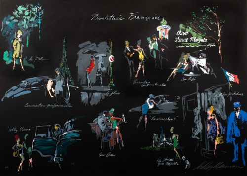 Several different scenes in Paris; most are depictions of women in flirtatious scenes or prostitiution scenes set on black paper