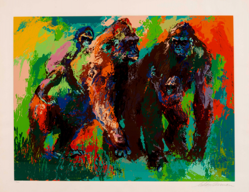 colorful painterly depiction of a family of gorillas