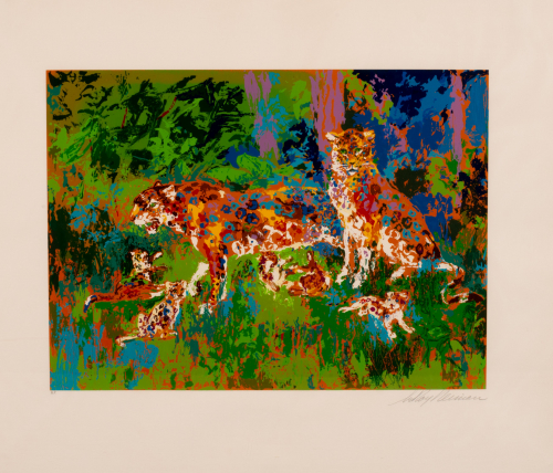 colorful painterly depiction of a jaguar family
