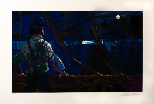Night scene with moon in upper right, a bearded man looks out into the night, back turned, wearing a hat and suspenders