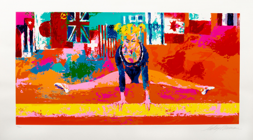 Painterly quality, gymnast doing spread eagle over a pole, with several different country's flags behind her in the background.