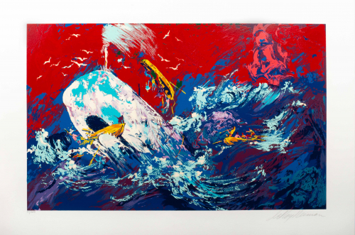 Mostly red and blue serigraph of a whale eating a small boat with other small boats in water