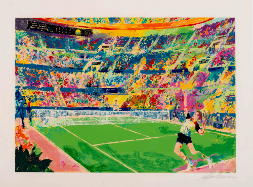 a brightly colored painterly depiction of a tennis match