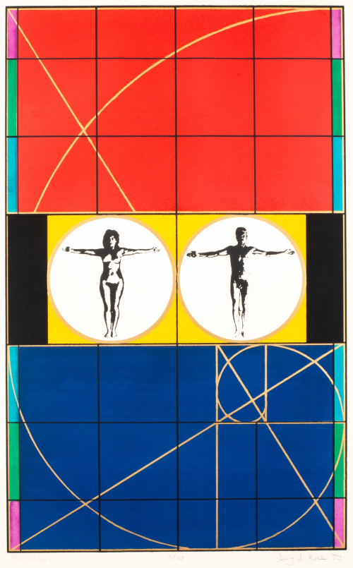 Man and woman in center depicted like Leonardo's Vitruvian man; grid of four inch squares and arching lines.