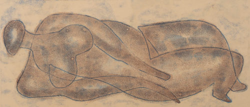 Blue and dark mauve print of an abstract, linear female figure laying on her side