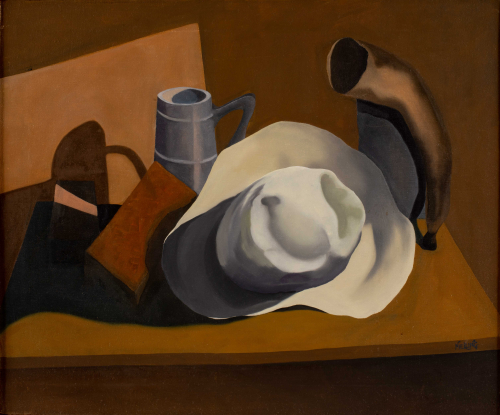 Horizontal painting with neutral colors depicting a hat, horn and mug.