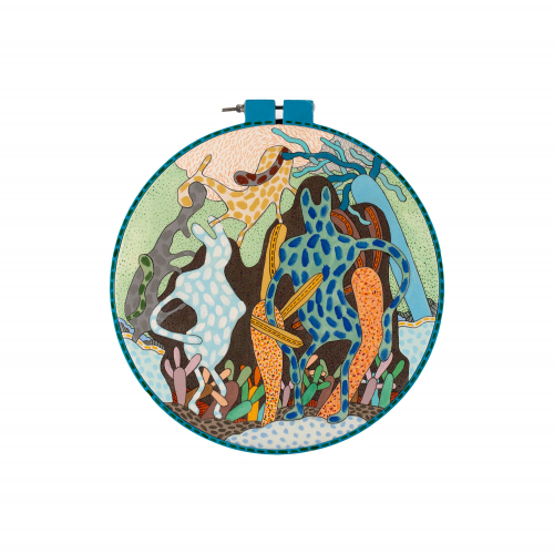 colorful abstracted painting on embroidery hoop. anthropomorphic creatures and plant-like forms
