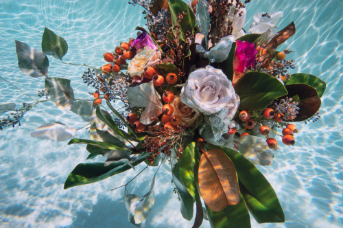 A colorful bouquet of roses, magnolia leaves, and orange berries as viewed underwater.