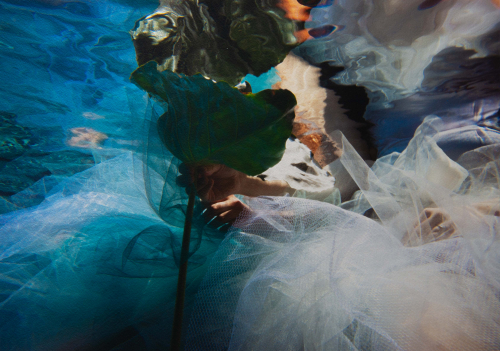 A photograph of fabric and hands and plants taken from the vantage point as through it were under water.