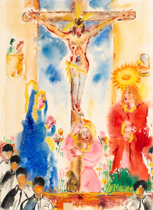 Crucifixion scene in vivid colors