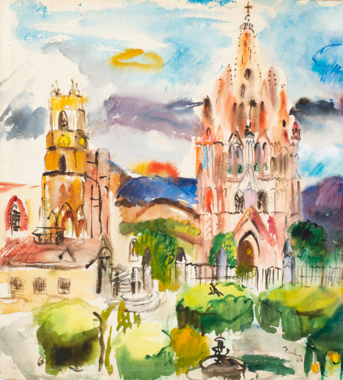Watercolor cityscape with two cathedrals in the mid-ground and a fountain in the foreground.  Sunrise in the background.  
