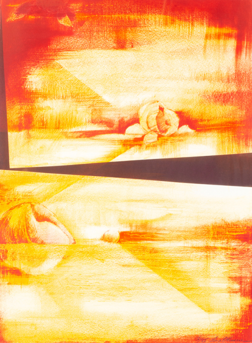 Two images separated by brown section; impressionistic images; colored pencil-like reds and oranges
