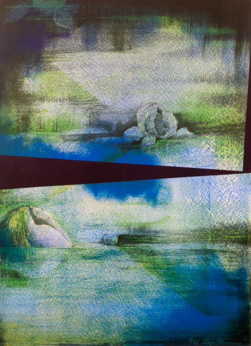 Two images separated by a black section; impressionistic images; looks like colored pencil; blues and greens