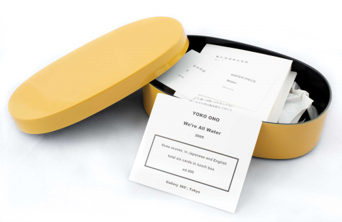 yellow oval plastic box, black inside, which contains texts in English and Japanese on cardstock