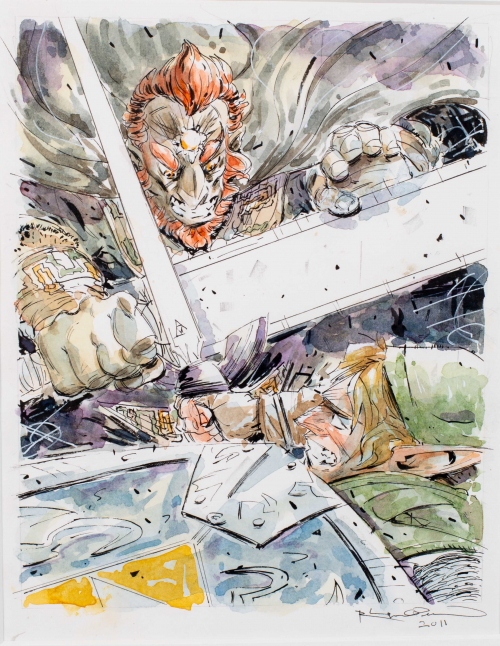 Two figures, one with red hair and beard (top) and another with blond hair and a pointed ear (bottom) battling