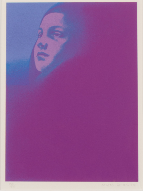 Purple background ,with indigo in upper left corner and image of a girl's face