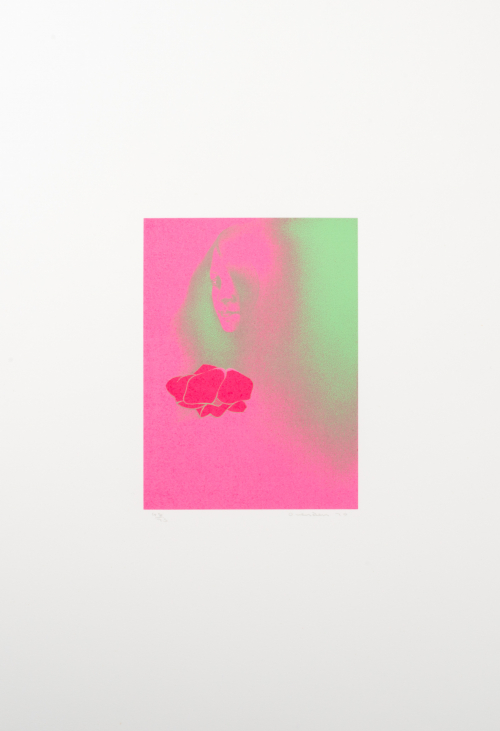 Pink and green. Half-shadowed face of a girl with a flower shaped object below her face.