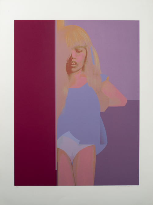 Blond girl standing facing viewe, right side of her body and face are obsured by a wal, left arm behind back. Purple and pink 