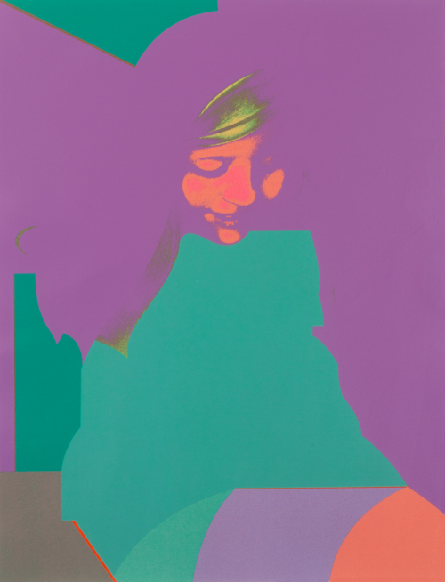 Girl's face in upper half of work; shapes in purple, peach and teal