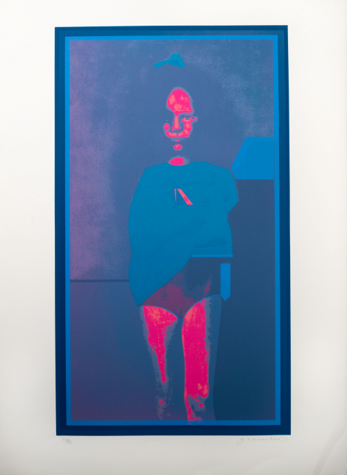Girl standing facing viewer legs exposed and arms covered, right side of her face in shadows dominant blue highligts in pink.h