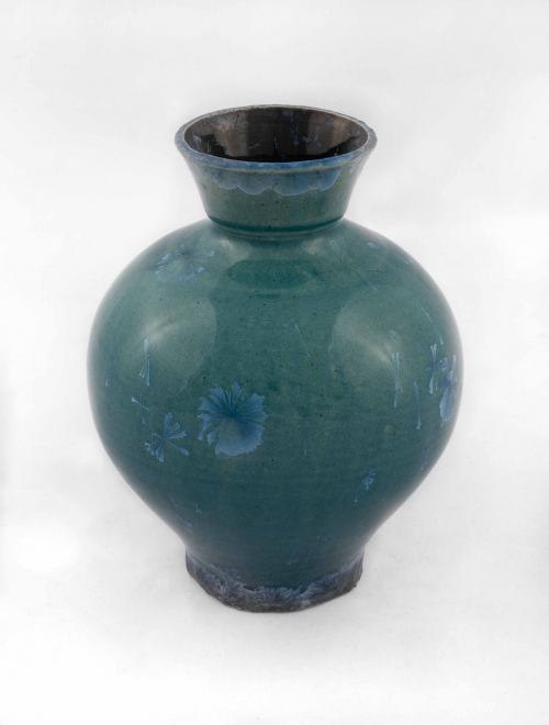  blue-green flambe glazed vase spherical in the body with a narrow neck and rim.