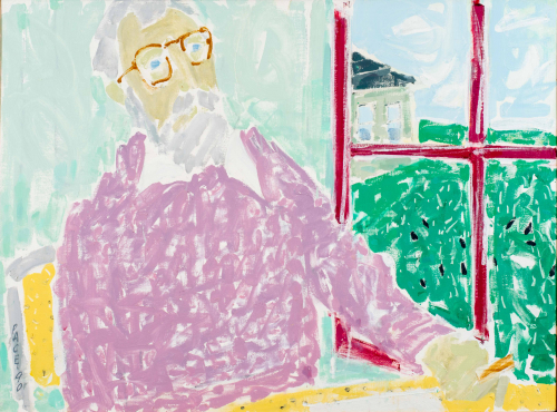 Pastel-colored brush-y depiction of a bearded man wearing glasses and purple sweater sitting at a table near a window