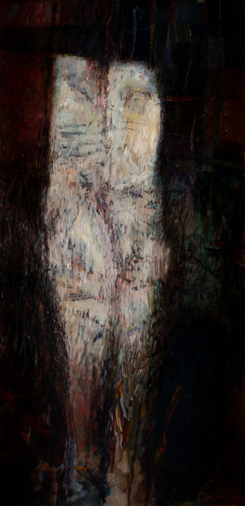 Beautiful, painterly image of a figure, from torso to calf in a dark environment