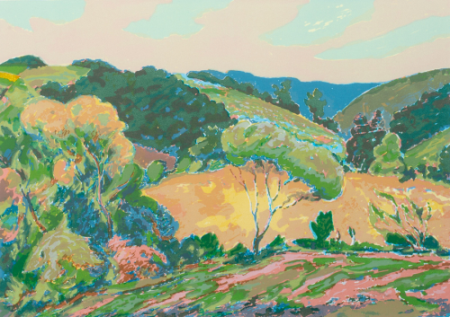 A colorful image of hills and trees: greens, pinks, yellows, beige, and blue.